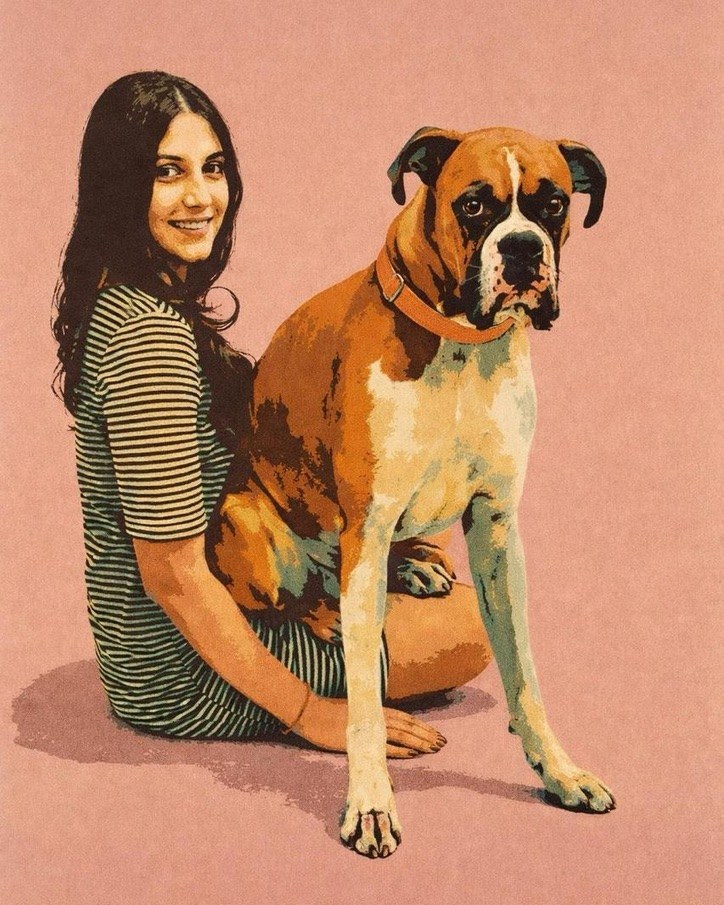 Ananya George with her dog Nawab, illustrated portrait